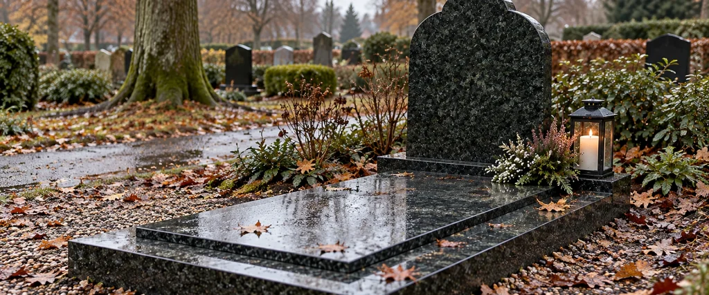Donkere granieten grafsteen met schouders op een herfstige begraafplaats