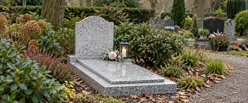 Lichtgrijze granieten grafsteen tussen beplanting