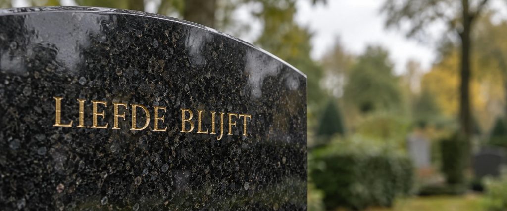 Voorbeeldschets van goudkleurige letters op gepolijst zwart graniet
