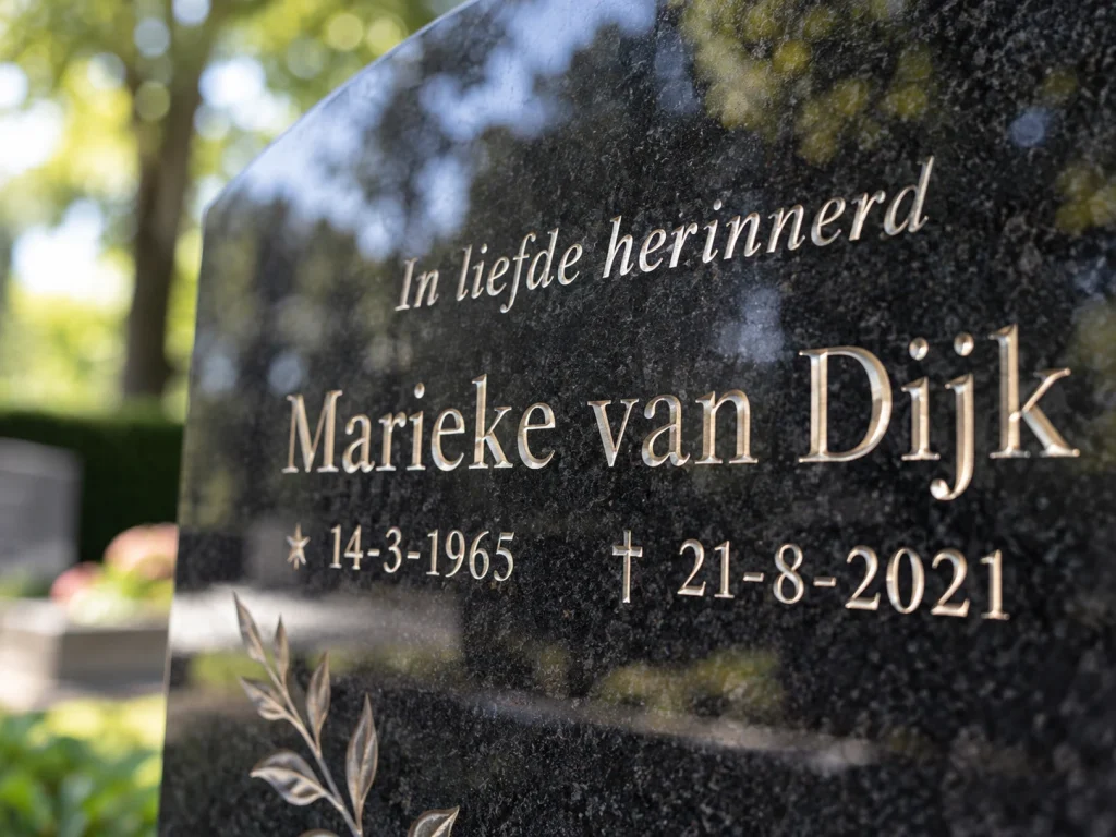 Detail van gegraveerde belettering op zwart graniet (voorbeeld)