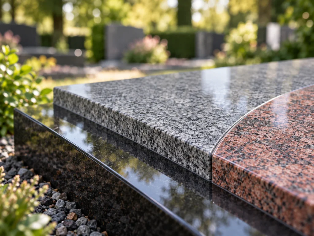 Detail van gepolijst graniet in grijs en rood