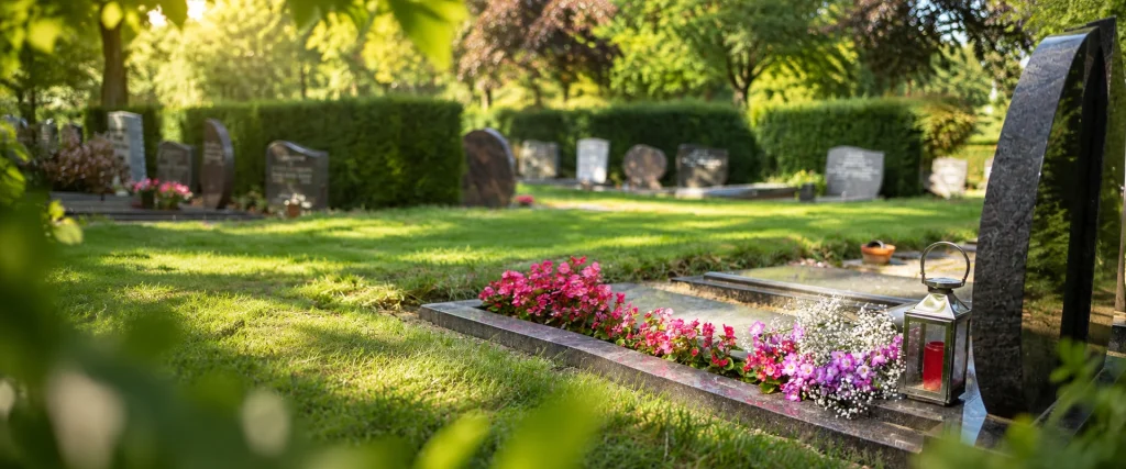 Grafmonument in een groene begraafplaatstuin (impressie)